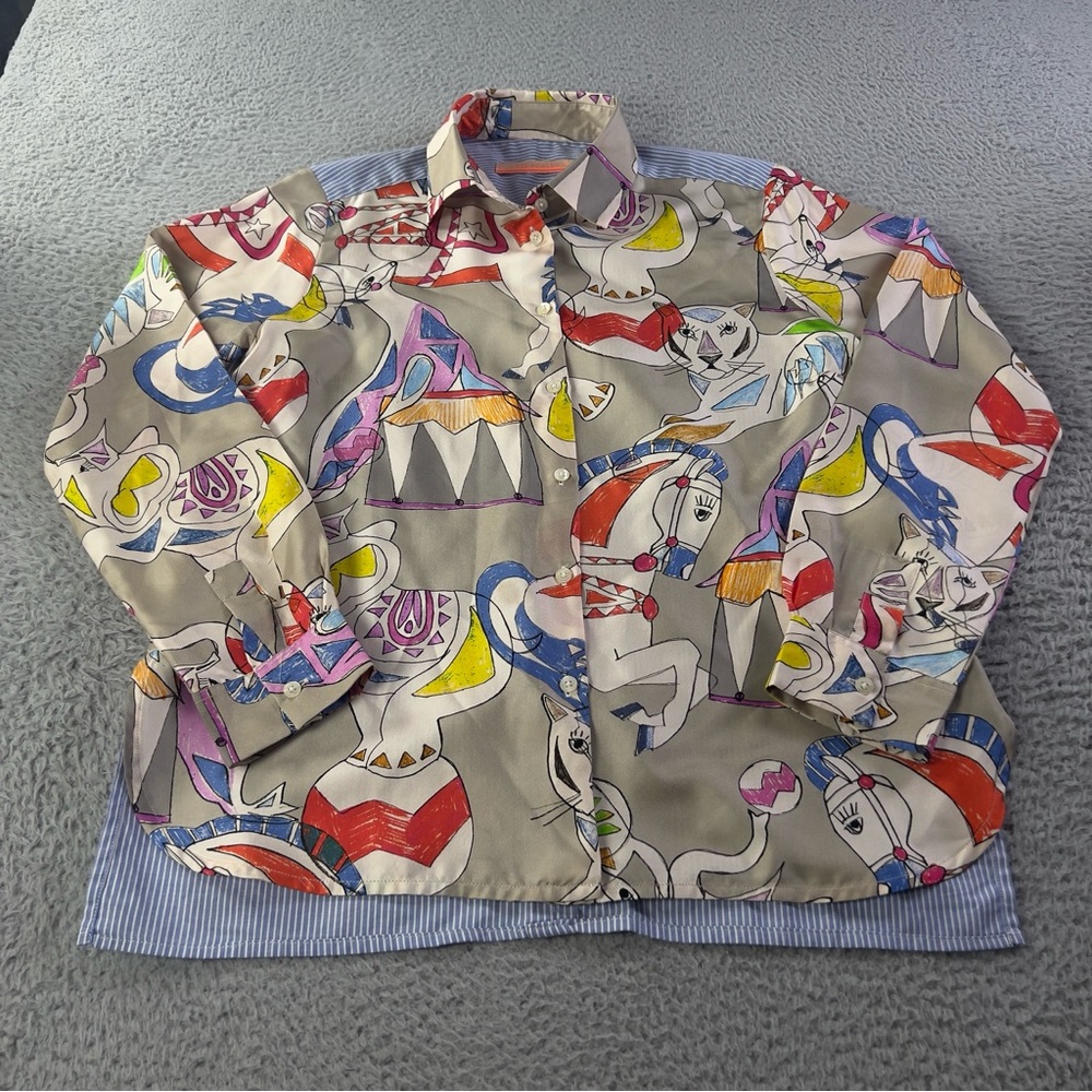 Vilagallo Top Womens 40 Multicolor Animals Stripe Button Up Summer Preppy Casual - Picture 4 of 7